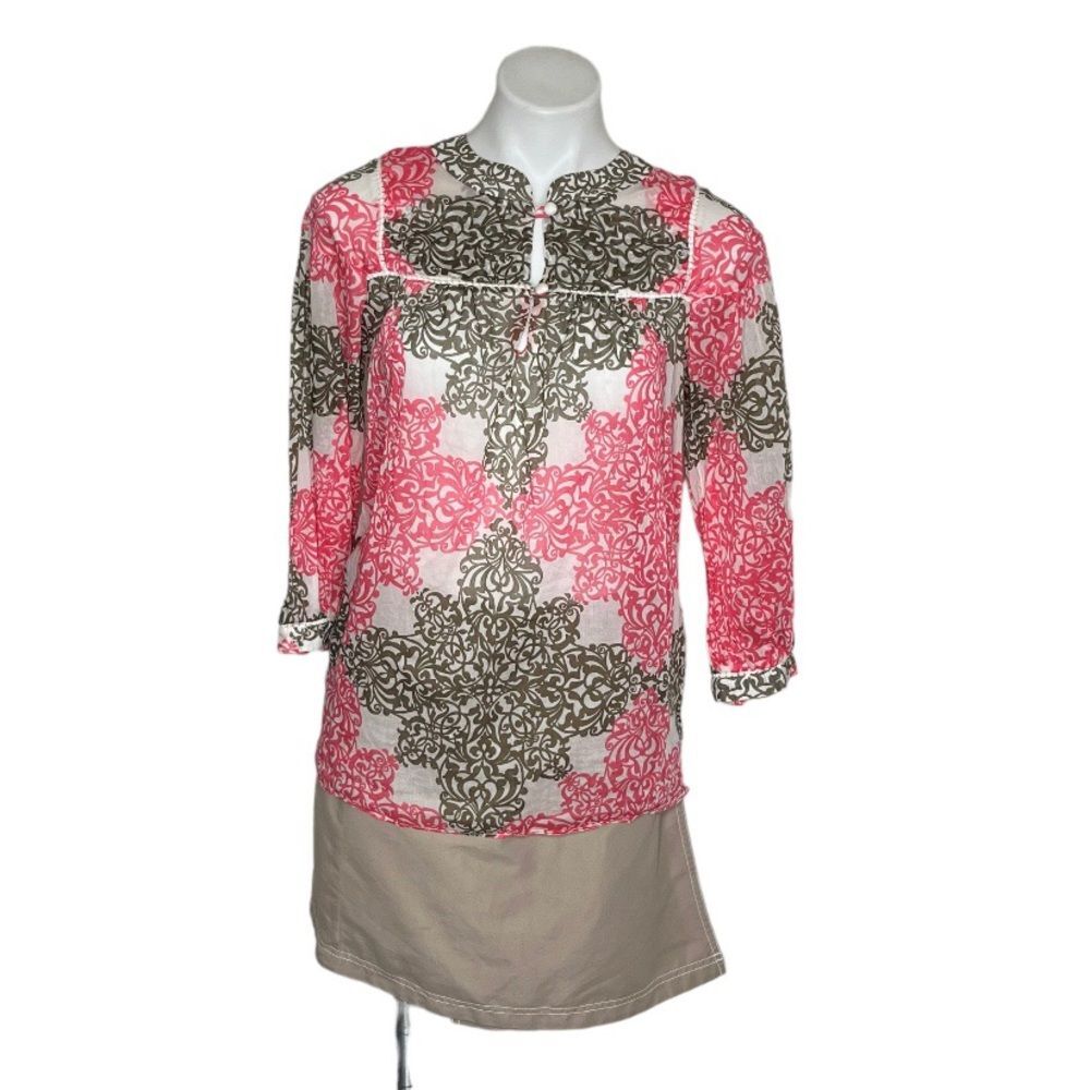 MILLY Of New York Popover Blouse Pink Brown Semi Sheer Print Peasant Top Size 6